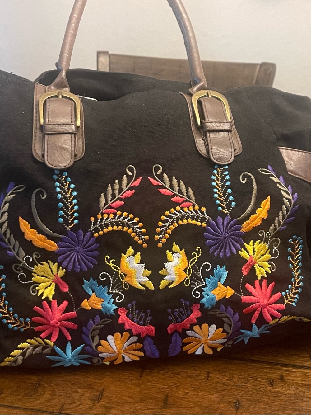 Charming Charlie Black Tote with Multicolor Floral Embroidery